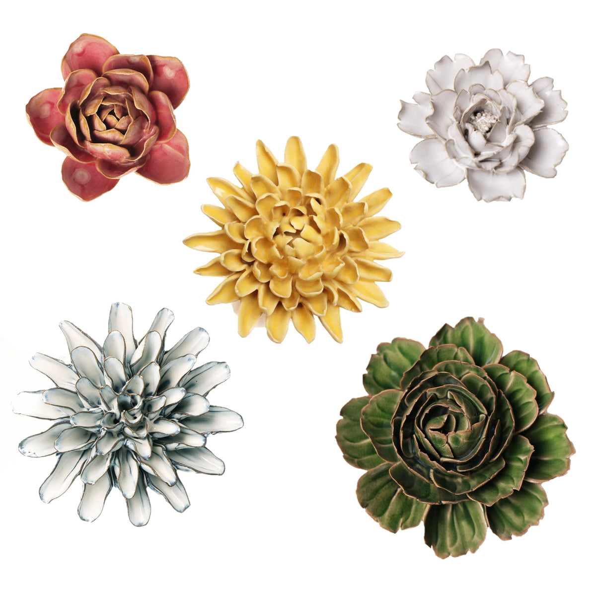 Cluster of Ceramic Wall Hanging Flowers.  One in pink, white, yellow, blue/white, and green.