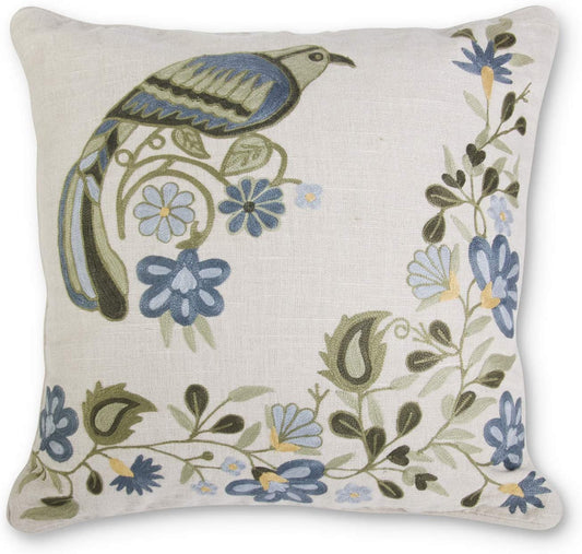Embroidered Blue - Green Bird & Floral Throw Pillow