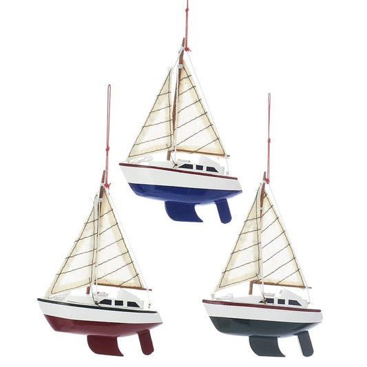 Nautical Wooden Yacht Sailboat Christmas Tree Ornament (Blue)