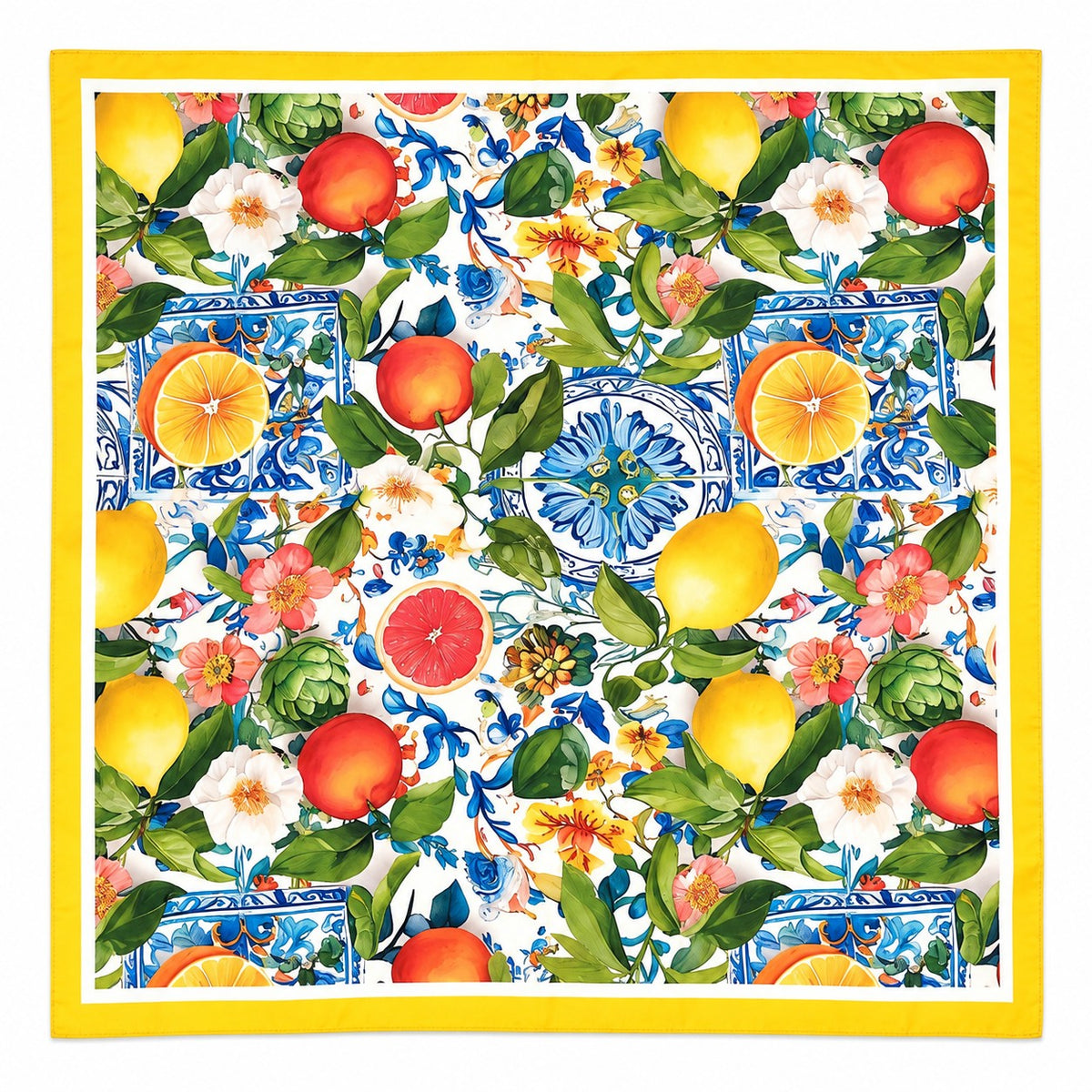 A square scarf featuring a vibrant Mediterranean-style print with lemons, oranges, grapes, flowers, and blue-and-white tiles, framed by a solid yellow border.