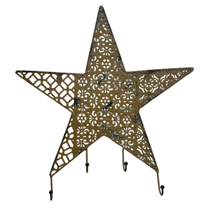 Heavily Distress Metal Wall Hanging Star with Four Hooks
