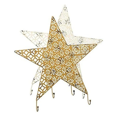 A decorative five-pointed star wall hook with a gold-toned front panel featuring a white filigree pattern, and white side panels with punched filigree patterns, shown on a plain white background.