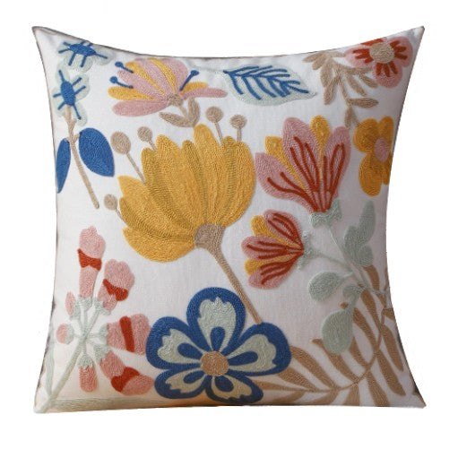 Crewel Embroidered Floral Throw Pillow Cover