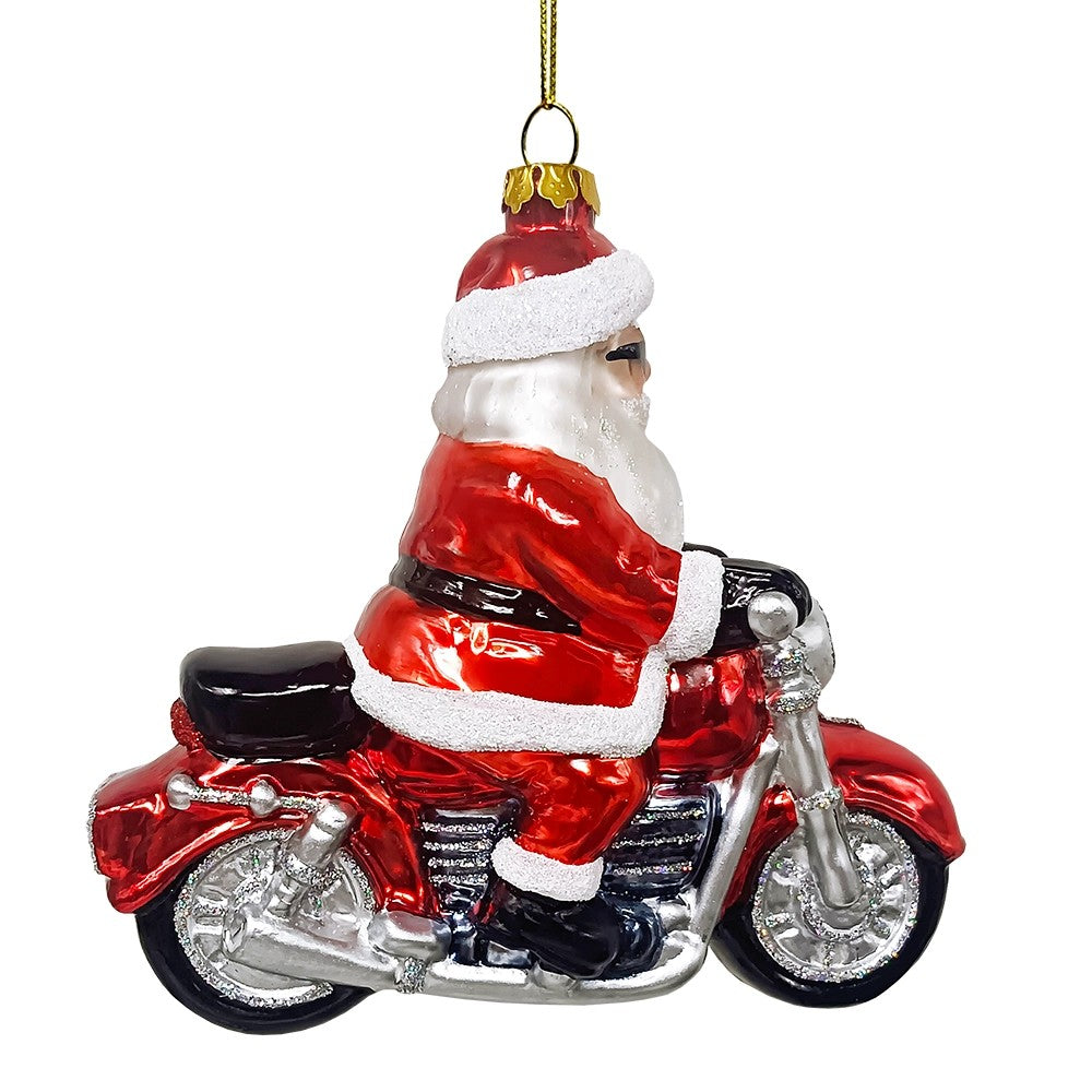 Motorcycle Santa Cruising Glass Christmas Tree Ornament