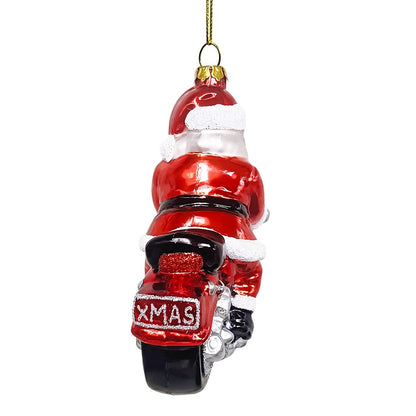 Motorcycle Santa Cruising Glass Christmas Tree Ornament