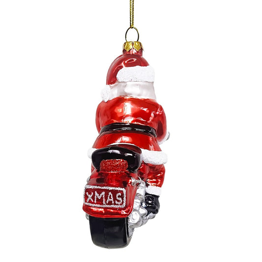 Motorcycle Santa Cruising Glass Christmas Tree Ornament