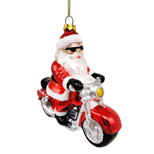 Motorcycle Santa Cruising Glass Christmas Tree Ornament