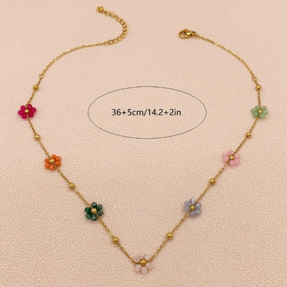 Colorful Beaded Floating Flowers on Gold Chain Necklace