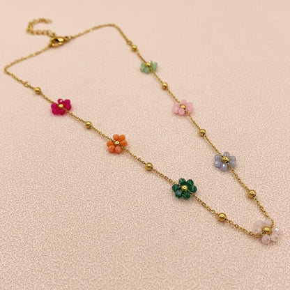 Colorful Beaded Floating Flowers on Gold Chain Necklace