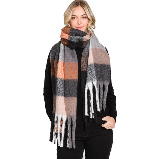 Colorful Plaid Check Fringe Oblong Scarf (Black, Taupe)