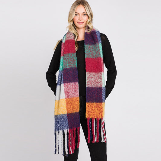 Colorful Plaid Check Fringe Oblong Scarf (Blue, Yellow)