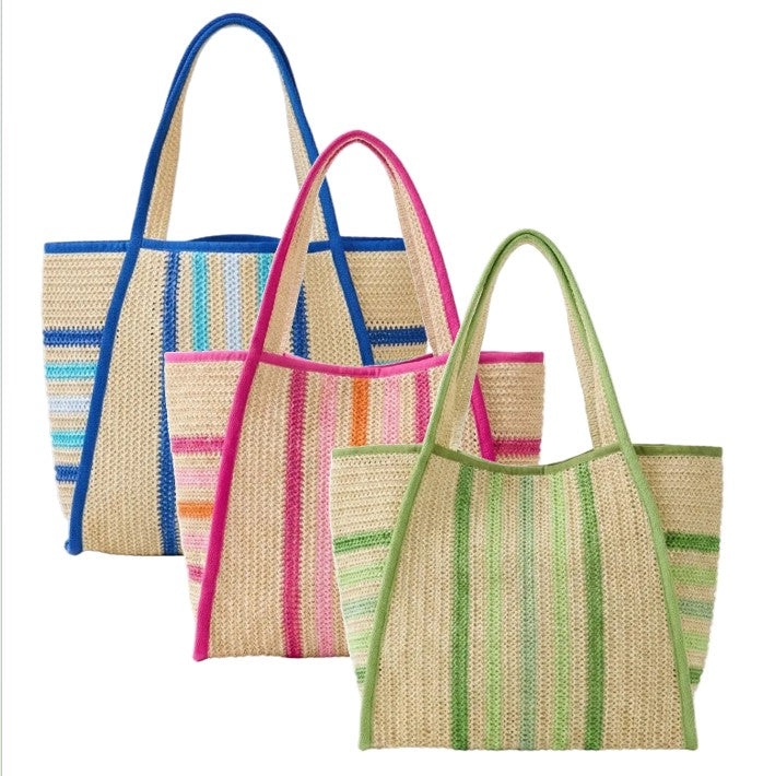 Oversized Striped Straw Beach Tote Bag