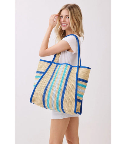 Oversized Striped Straw Beach Tote Bag
