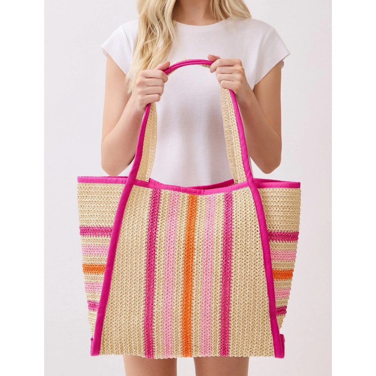 Oversized Striped Straw Beach Tote Bag