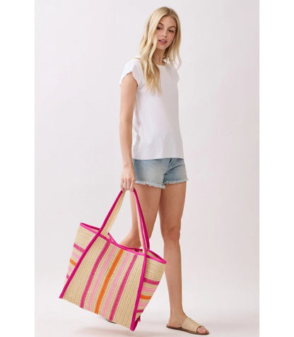 Oversized Striped Straw Beach Tote Bag