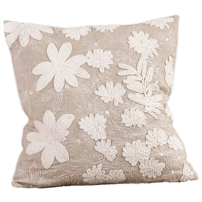 Natural Embroidered Floral Throw Pillow