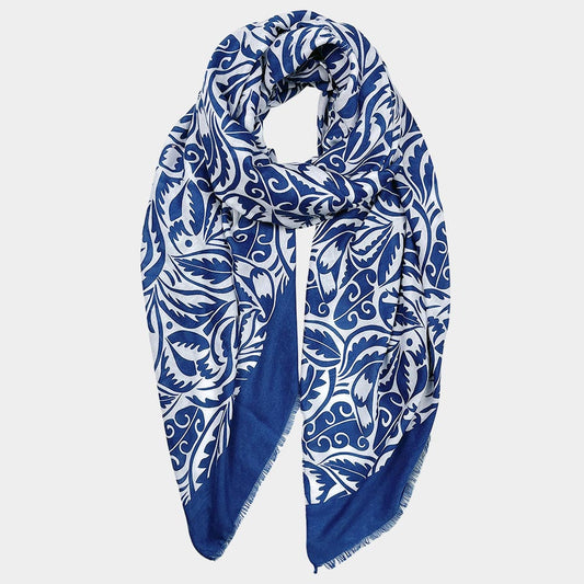 Floral Paisley Oblong Scarf Pareo (Navy Blue, White)