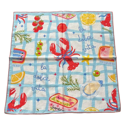 Decorative handkerchief bandana scarf with Italian-themed design on a white surface