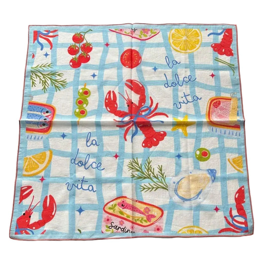 Decorative handkerchief bandana scarf with Italian-themed design on a white surface