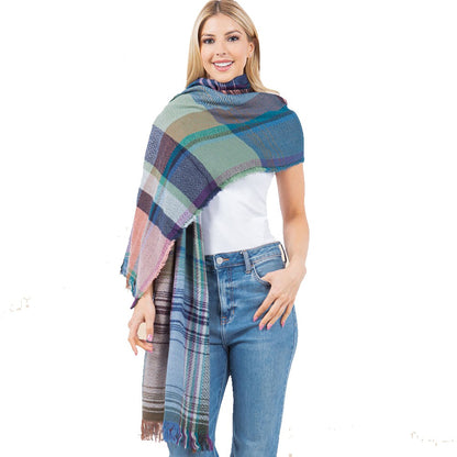 Oversized Frayed Edge Soft Weave Plaid Scarf (Green)