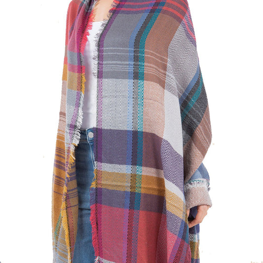 Oversized Frayed Edge Soft Weave Plaid Scarf (Pink)