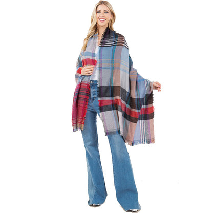 Oversized Frayed Edge Soft Weave Plaid Scarf (Red)