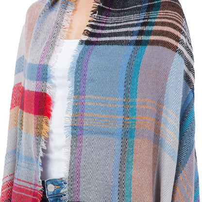 Oversized Frayed Edge Soft Weave Plaid Scarf (Red)