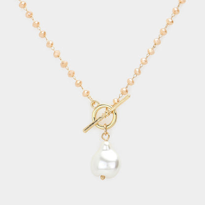 Pearl Pendant Faceted Beaded Toggle Necklace (Gold, Cream)