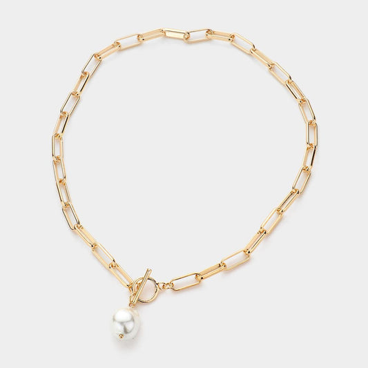 Large Link Pearl Pendant Toggle Necklace (Gold)