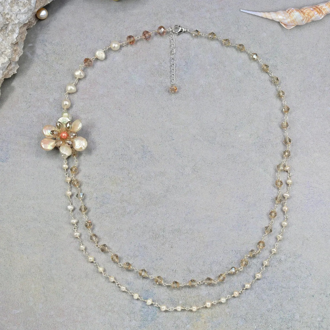 Pearl Flower Blossom Cascading Layered Crystal Necklace