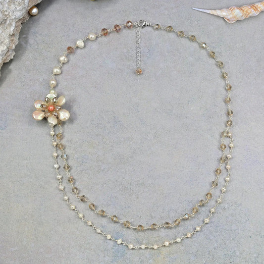 Pearl Flower Blossom Cascading Layered Crystal Necklace