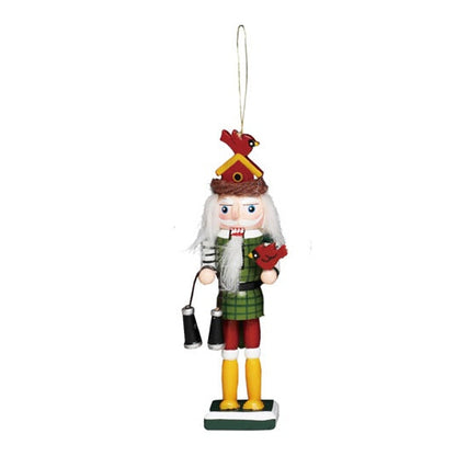 Wood birdwatcher nutcracker ornament with binoculars, a cardinal, and a birdhouse hat.