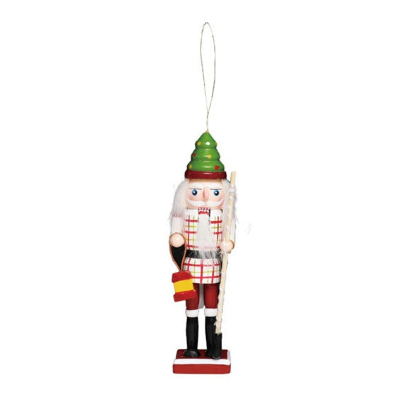 Wood toy maker nutcracker ornament wearing a Christmas tree hat and holding a toy and tool.