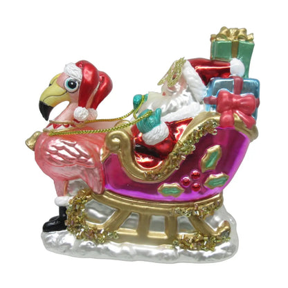 Flamingo Birds Pulling Santa Sleigh Beach Glass Decor Christmas Ornament