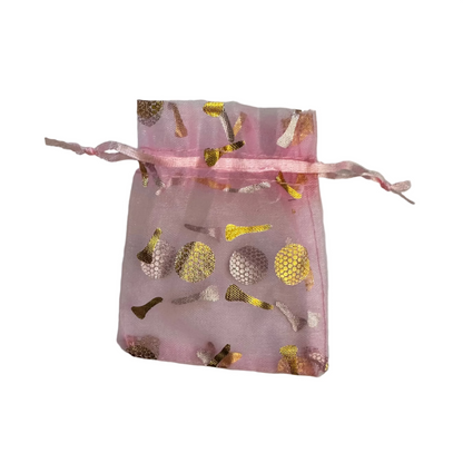 Pink organza bag with gold golf pattern on a White background