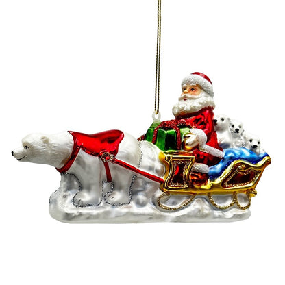 Polar Bear Santa Sleigh Glass Christmas Tree Ornament