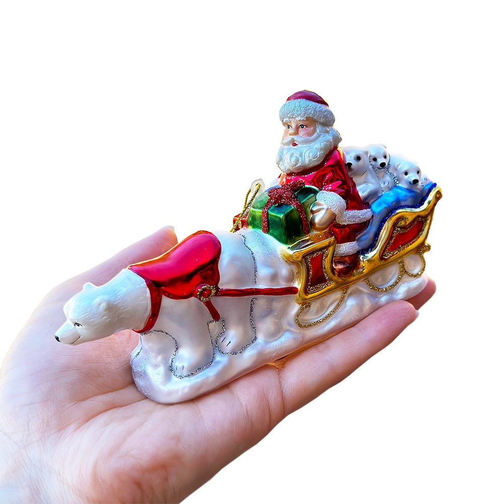 Polar Bear Santa Sleigh Glass Christmas Tree Ornament
