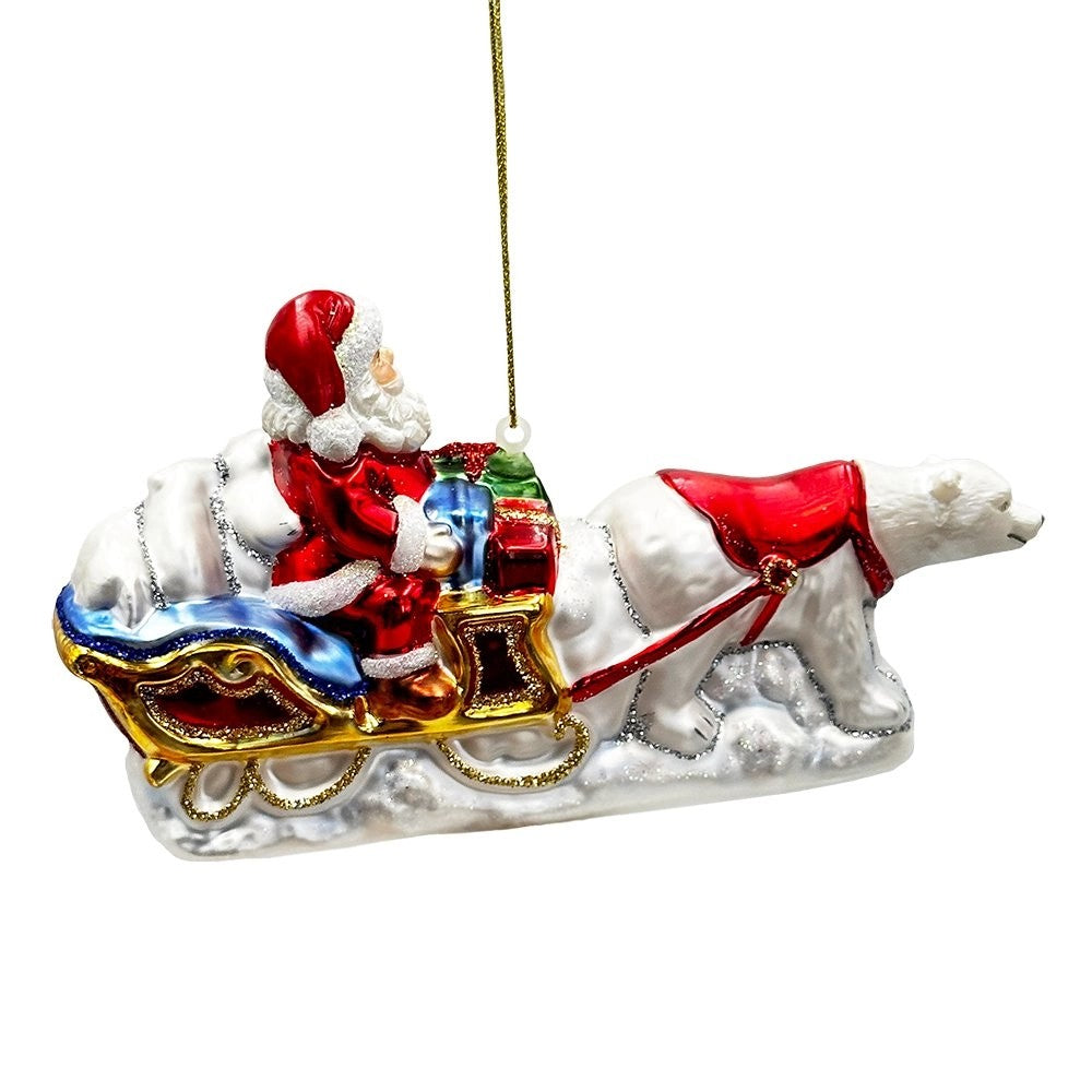 Polar Bear Santa Sleigh Glass Christmas Tree Ornament