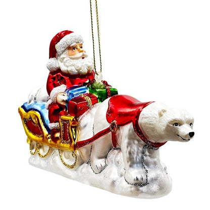 Polar Bear Santa Sleigh Glass Christmas Tree Ornament