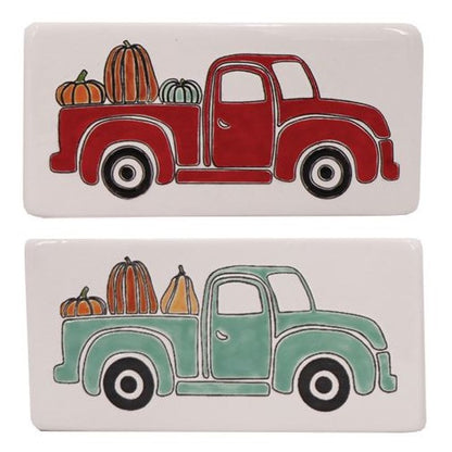 Pumpkin Truck Rectangle Box Sign features two vintage pickup filled with colorful pumpkins.