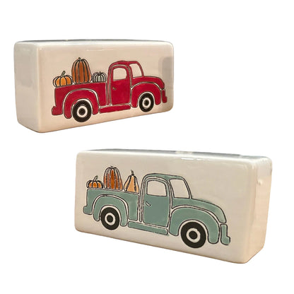 Pumpkin Truck Rectangle Box Sign features a vintage pickup filled with colorful pumpkins. Choose red or mint green for a charming fall and harvest accent.