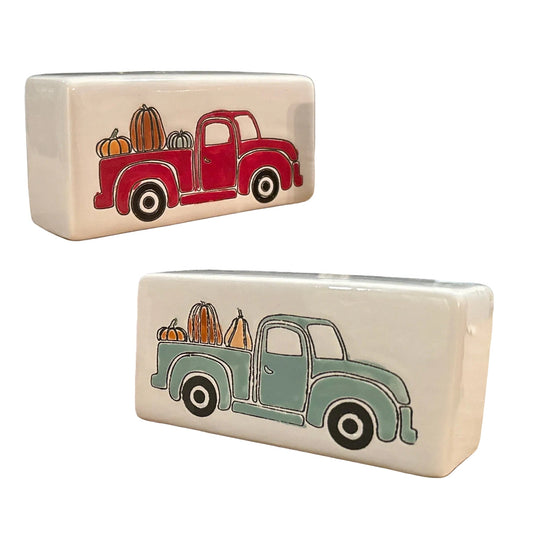 Pumpkin Truck Rectangle Box Sign features a vintage pickup filled with colorful pumpkins. Choose red or mint green for a charming fall and harvest accent.