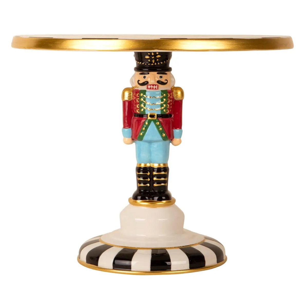 Whimsical nutcracker cake stand with a black and white checkered top, colorful details and gold accents. A festive pedestal server for Christmas treats.