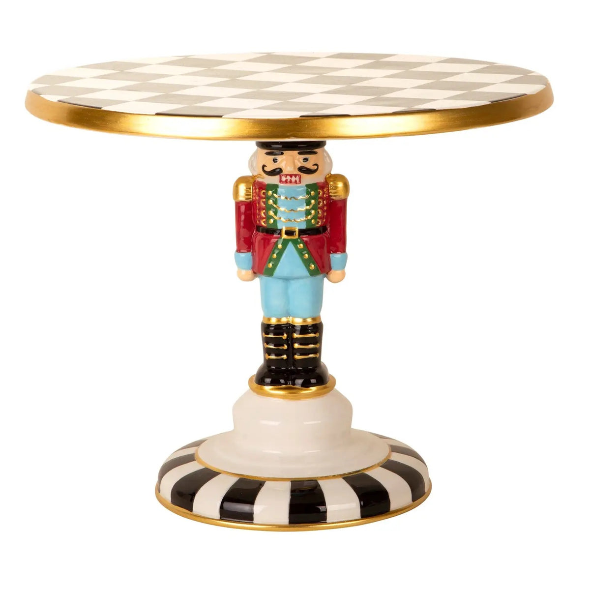 Whimsical nutcracker cake stand with a black and white checkered top, colorful details and gold accents. A festive pedestal server for Christmas treats.