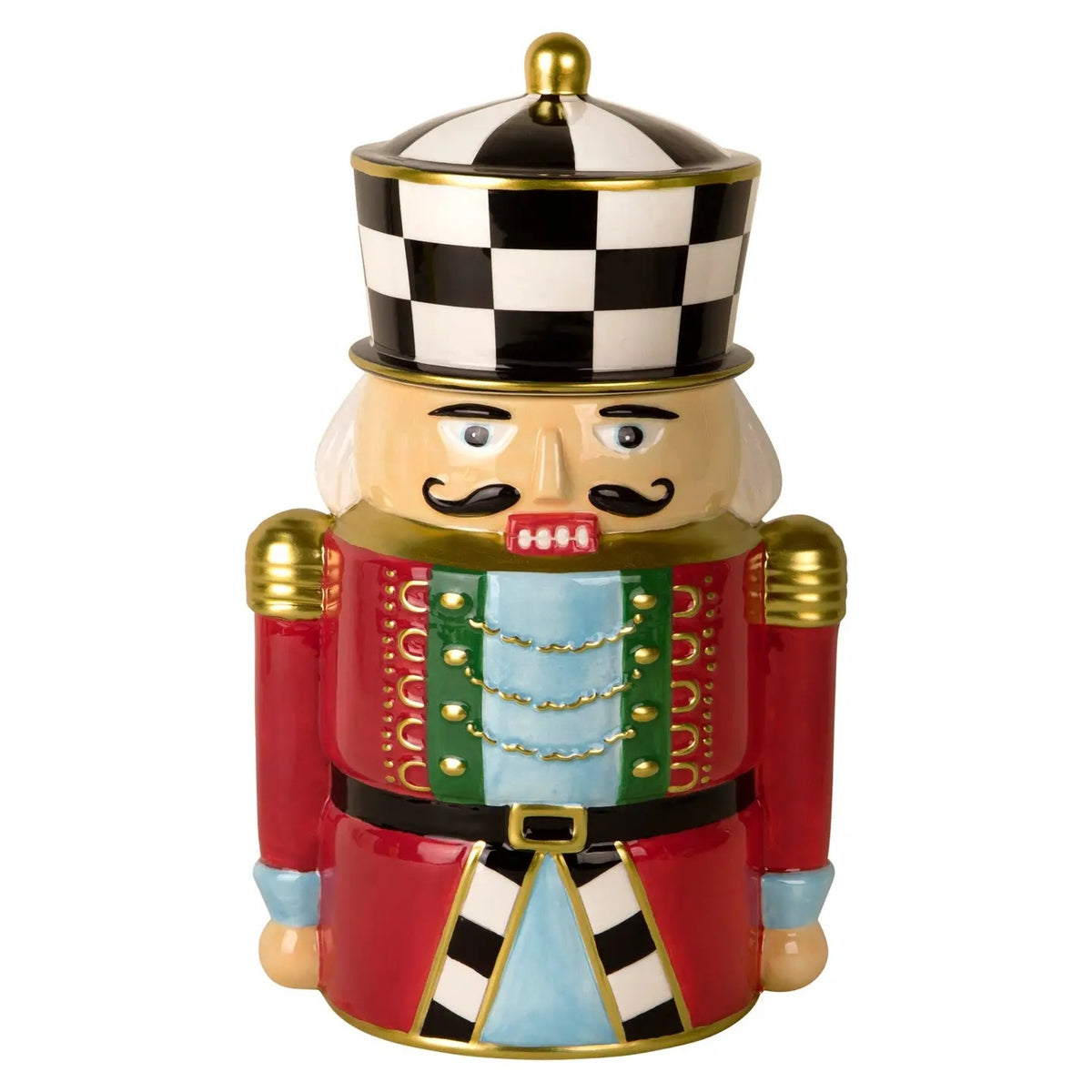 Add holiday magic with our ceramic Nutcracker Cookie Jar! Features a festive red uniform and removable black and white checkered hat.