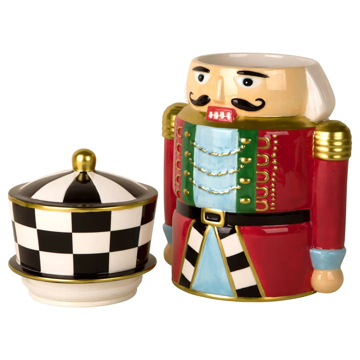 Add holiday magic with our ceramic Nutcracker Cookie Jar! Features a festive red uniform and removable black and white checkered hat with a tight seal.