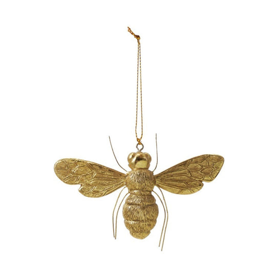 Gold bee Christmas ornament with embossed wings, textured body, wire legs, antennae, and hanging cord.