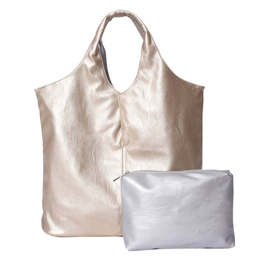 Reversible Metallic Purse Tote and Pouch Bag Set (Gold, Silver)