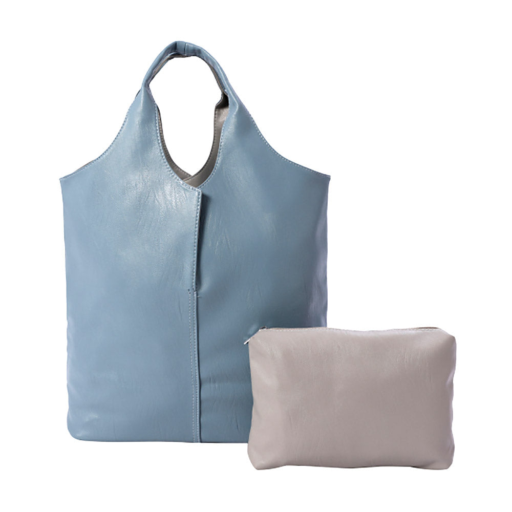 Reversible Purse Tote and Pouch Bag Set (Light Blue, Gray)