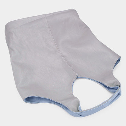 Reversible Purse Tote and Pouch Bag Set (Light Blue, Gray)